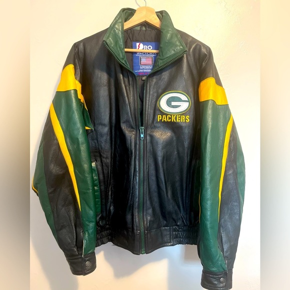 Vintage 90s Green Bay Packers Pro Player Leather Black Jacket Size Medium Rare - Picture 1 of 16